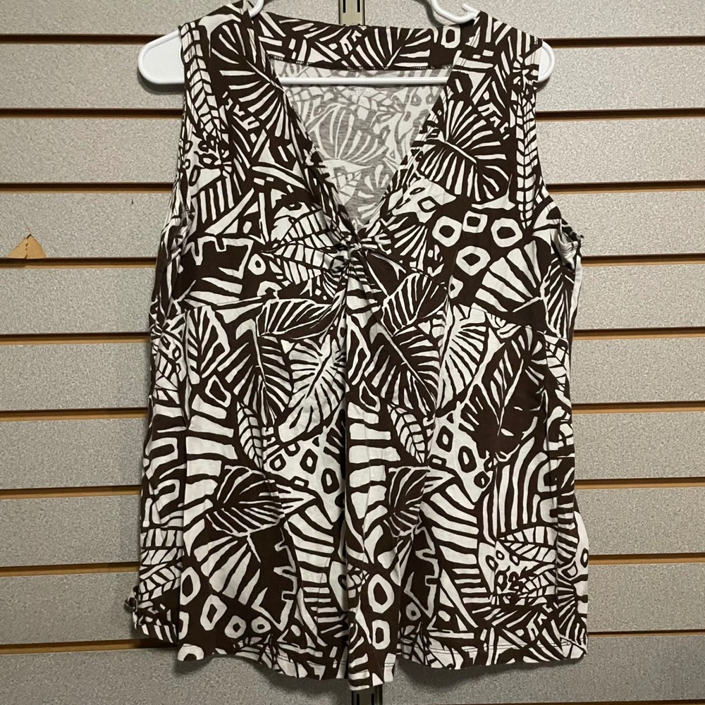 ANA A NEW APPROACH Womens Sleeveless Brown White Tropical Leaf Print Twist 1X